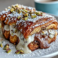 Decadent Dubai Chocolate Pistachio Croissant French Toast with rich custard, melted chocolate, and crunchy pistachios for a luxurious breakfast.