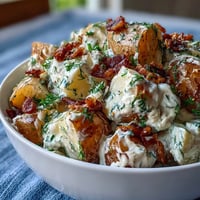 A vibrant Memorial Day potato salad with dill and crispy bacon, served chilled in a white bowl with a sprinkle of fresh herbs.  