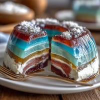 Vibrant rainbow jelly cake with agar-agar layers and creamy coconut topping, perfect for summer celebrations.  