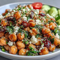 Bright Mediterranean chickpea salad with lemon, herbs, and fresh vegetables.
