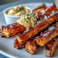 Crispy air fryer sweet potato fries with creamy chipotle aioli are a perfect appetizer.