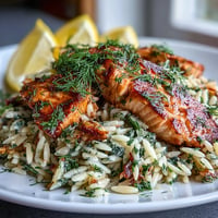 Flaky salmon tops bright lemon dill orzo, a quick and colorful Mediterranean dinner.