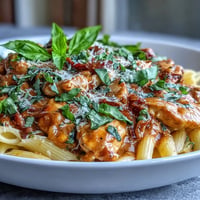 Creamy Tomato Basil Chicken Pasta: vibrant Italian dish with tender chicken and velvety sauce.