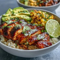 Bright Street Corn Chicken Rice Bowls bursting with colorful toppings and creamy sauce.