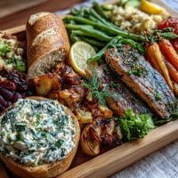 Colorful Lemon Herb Tinned Fish Picnic Board bursting with fresh vegetables and bread.