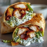 Golden brown crispy chicken Caesar wraps ready for lunch.