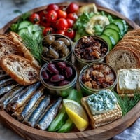 Gourmet tinned fish picnic board overflowing with fresh accompaniments and crusty bread.